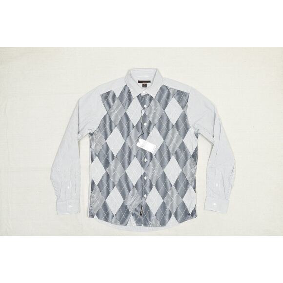 Michael Kors Shirt Mens Medium Blue White Striped Argyle Long Sleeve Button Up - Picture 1 of 9